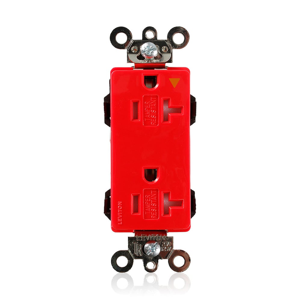 MT163-IGR Decora Plus Lev-Lok 1-Phase Duplex Heavy Duty Isolated Self-Grounding Tamper Resistant Straight Blade Receptacle, 125 VAC, 20 A, 2 Poles, 3 Wires, Red