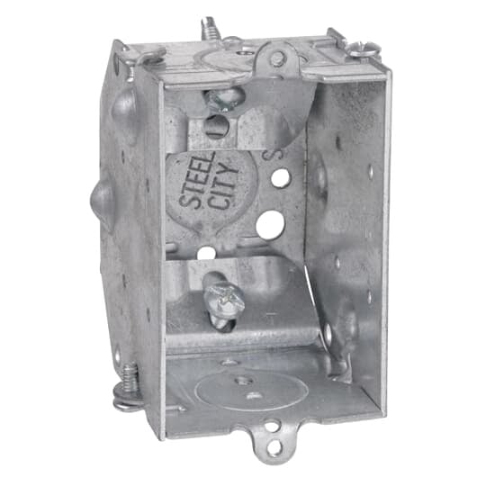LCLE-25 Steel City Gangable Welded Style Switch Box, Steel, 10.5 cu-in Capacity, 1 Gang, 1 Outlet, 4 Knockouts, 2 in W x 2-1/4 in D x 3 in H