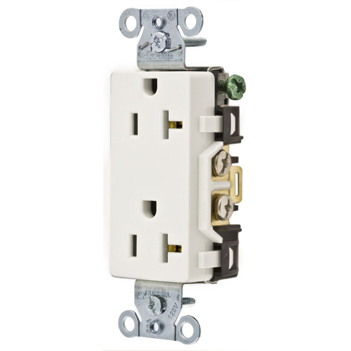 DR20WHI Decorator 1-Phase Duplex Self-Grounding Screw Mount Straight Blade Receptacle, 125 V AC, 20 A, 2 Poles, 3 Wires, White