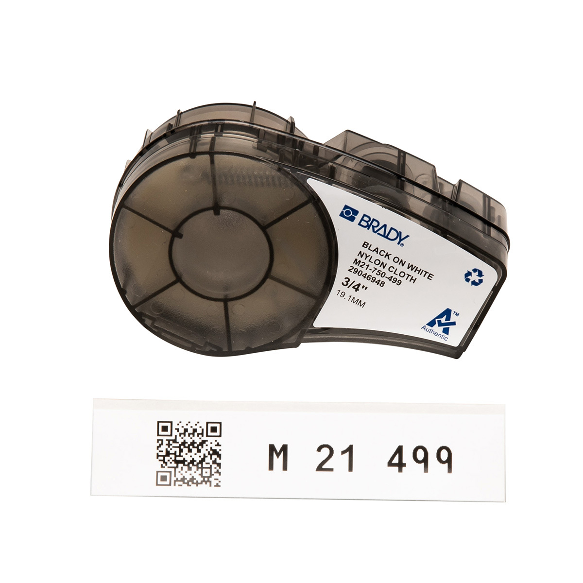 M21-750-499 BMP21 Cartridge Label, 16 ft L x 3/4 in W, Black on White, B-499 Polyamide Coated Nylon Cloth