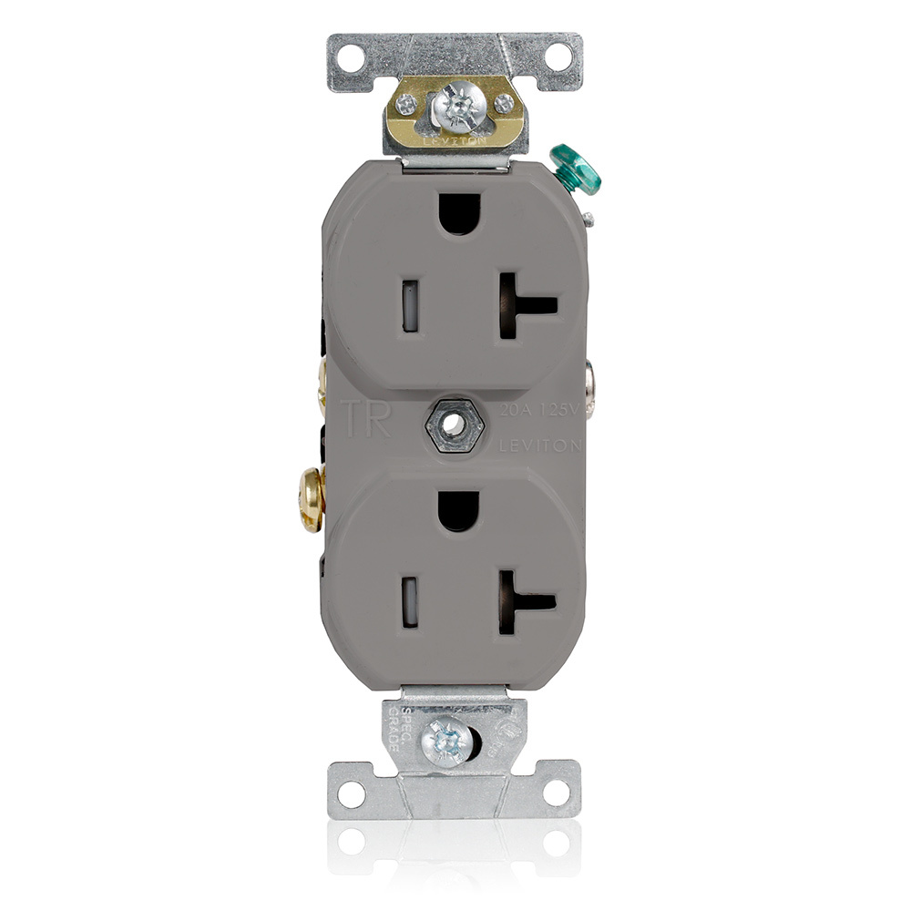 TBR20-GY Duplex Tamper Resistant Straight Blade Receptacle, 125 V AC, 20 A, 2 Poles, 3 Wires, Gray