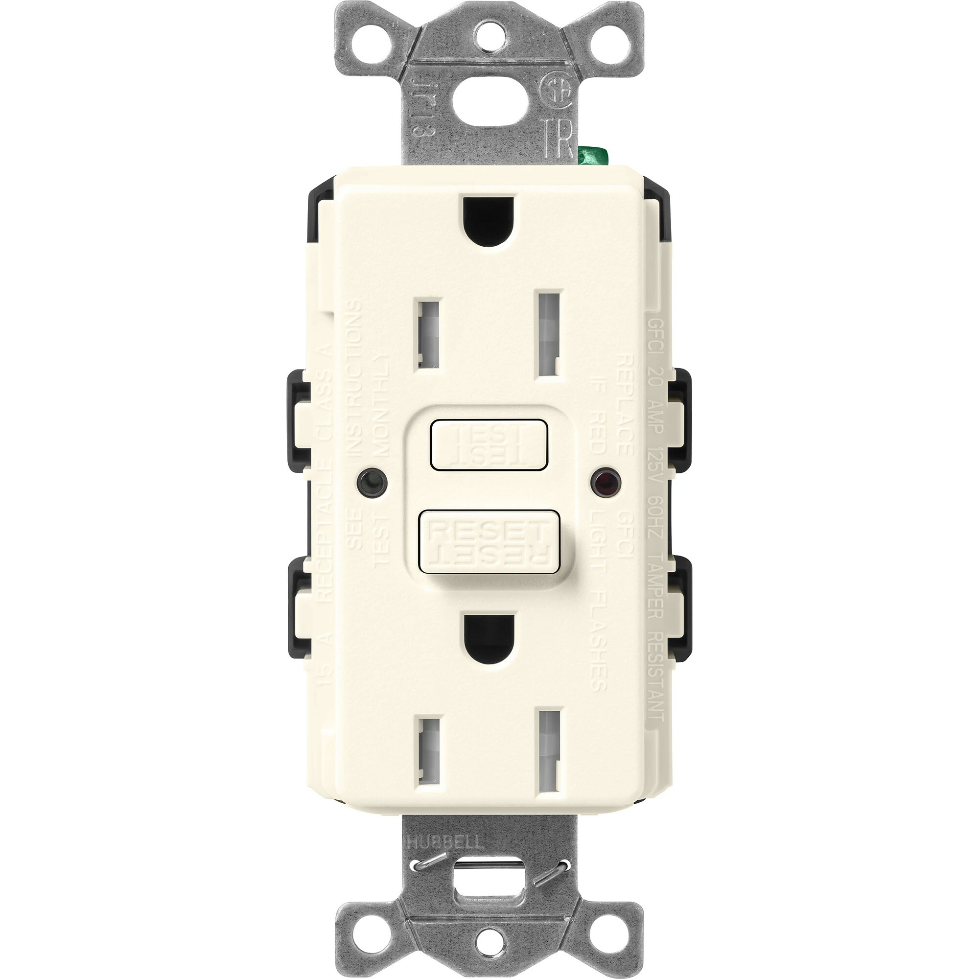 SCR-15-GFST-BI Claro Tamper-Resistant GFCI Duplex Receptacle, Decorator-Style Outlet, 15 Amp, Self-Testing, Satin, Biscuit