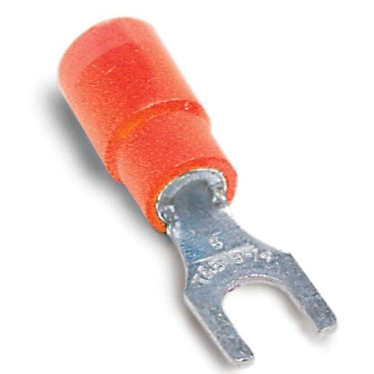 18RA-8FX Sta-Kon RA Series Expanded Insulated Fork Terminal, 22 to 16 AWG Conductor, 0.97 in L, Brazed Seam/Serrated Barrel, Copper, Red