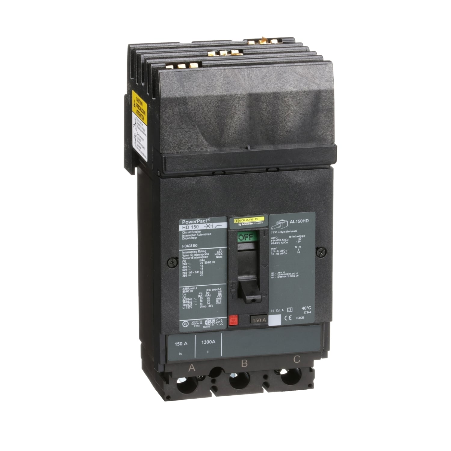 HDA36150 PowerPact 80% Rated Type HDA Molded Case Circuit Breaker, 600 V AC/250 V DC, 150 A, 25 kA at 240 VAC/18 kA at 480 VAC/14 kA at 600 VAC/20 kA at 250VDC Interrupt, 3 Poles, Thermal Magnetic Trip