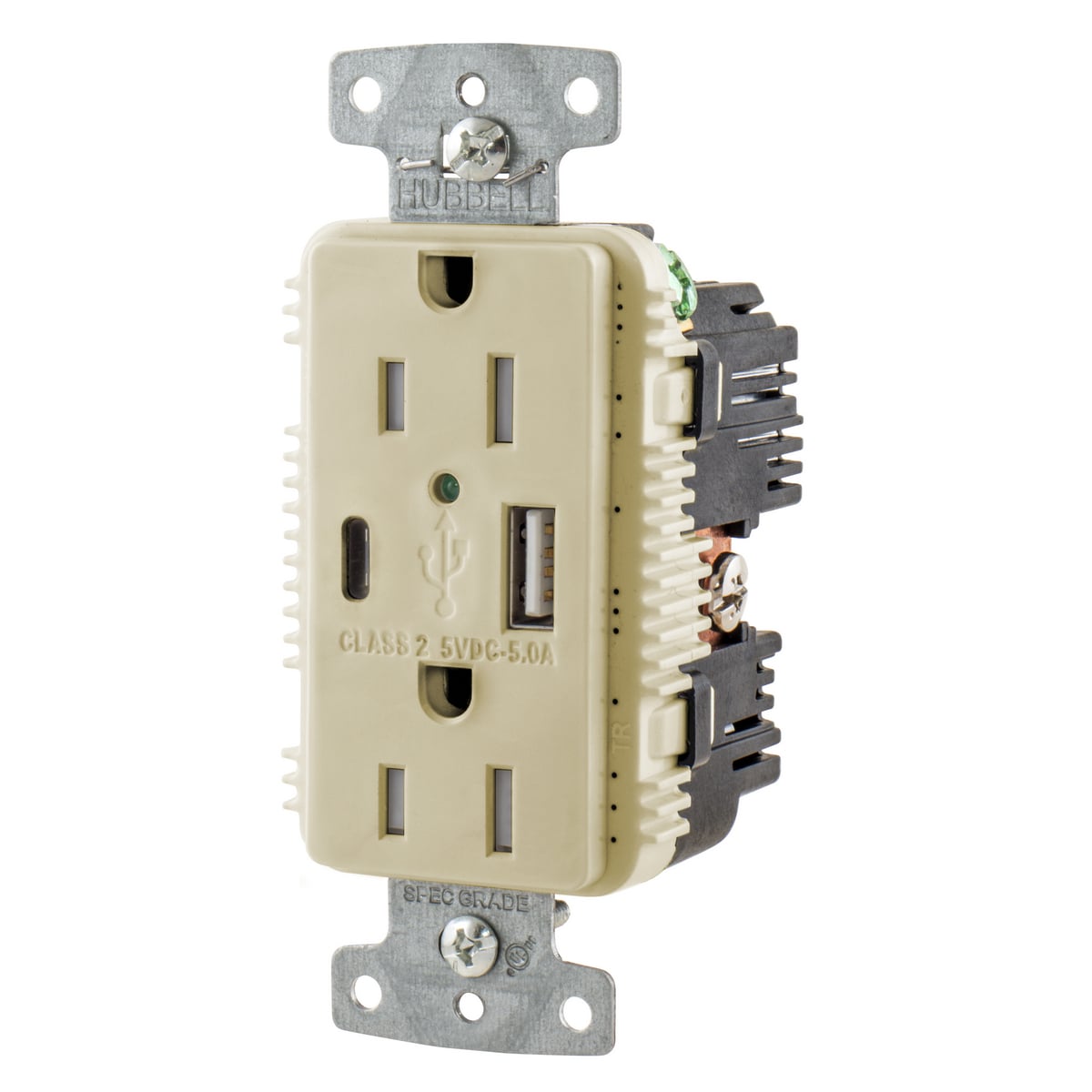 USB15AC5I Duplex Grounding Heavy Duty Standard Tamper-Resistant USB Charger Receptacle With Green LED, 125 V, 15 A, 1875 W, 1 Phase, 2 Poles, 3 Wires, Ivory