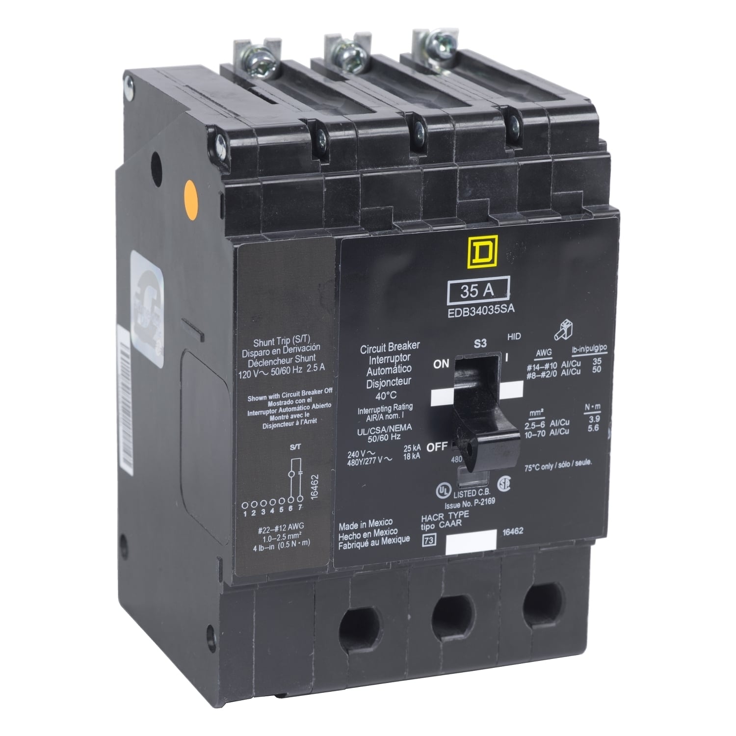 EJB34070SA Type EJB Circuit Breaker, 480Y/277 V AC V AC, 70 A, 100 kA at 240 V AC/65 kA at 480Y/277 V AC Interrupt, 3 Poles, Thermal Magnetic Trip