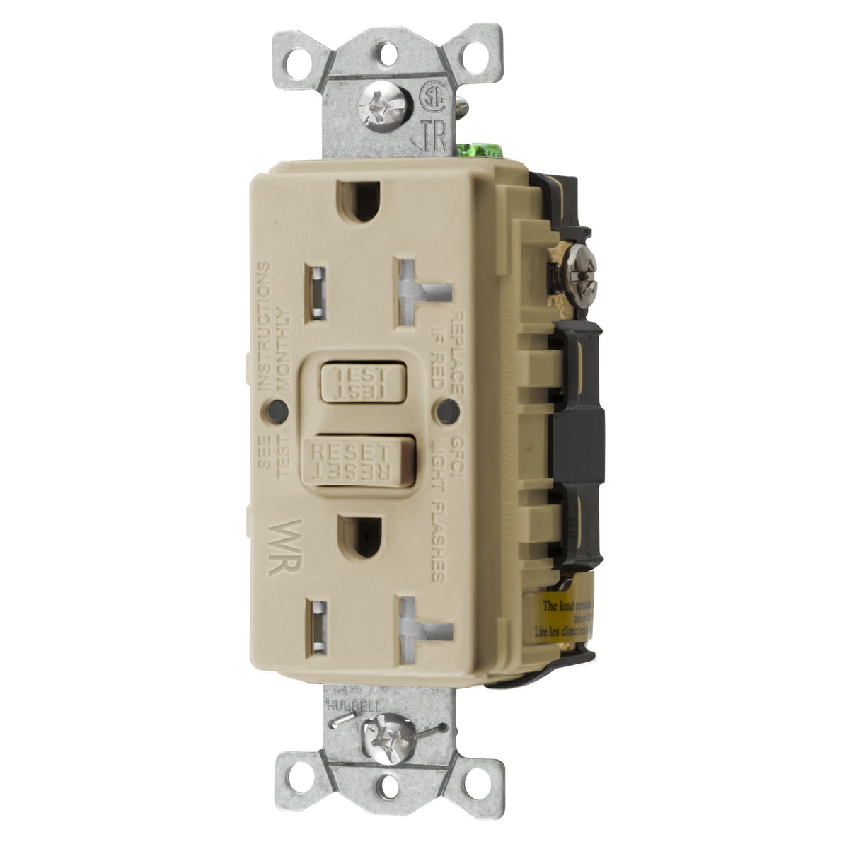 GFTWRST20I 1-Phase Decorator Duplex Standard Self-Test Screw Mount GFCI Receptacle, 125 VAC, 20 A, 2 Poles, 3 Wires, Ivory