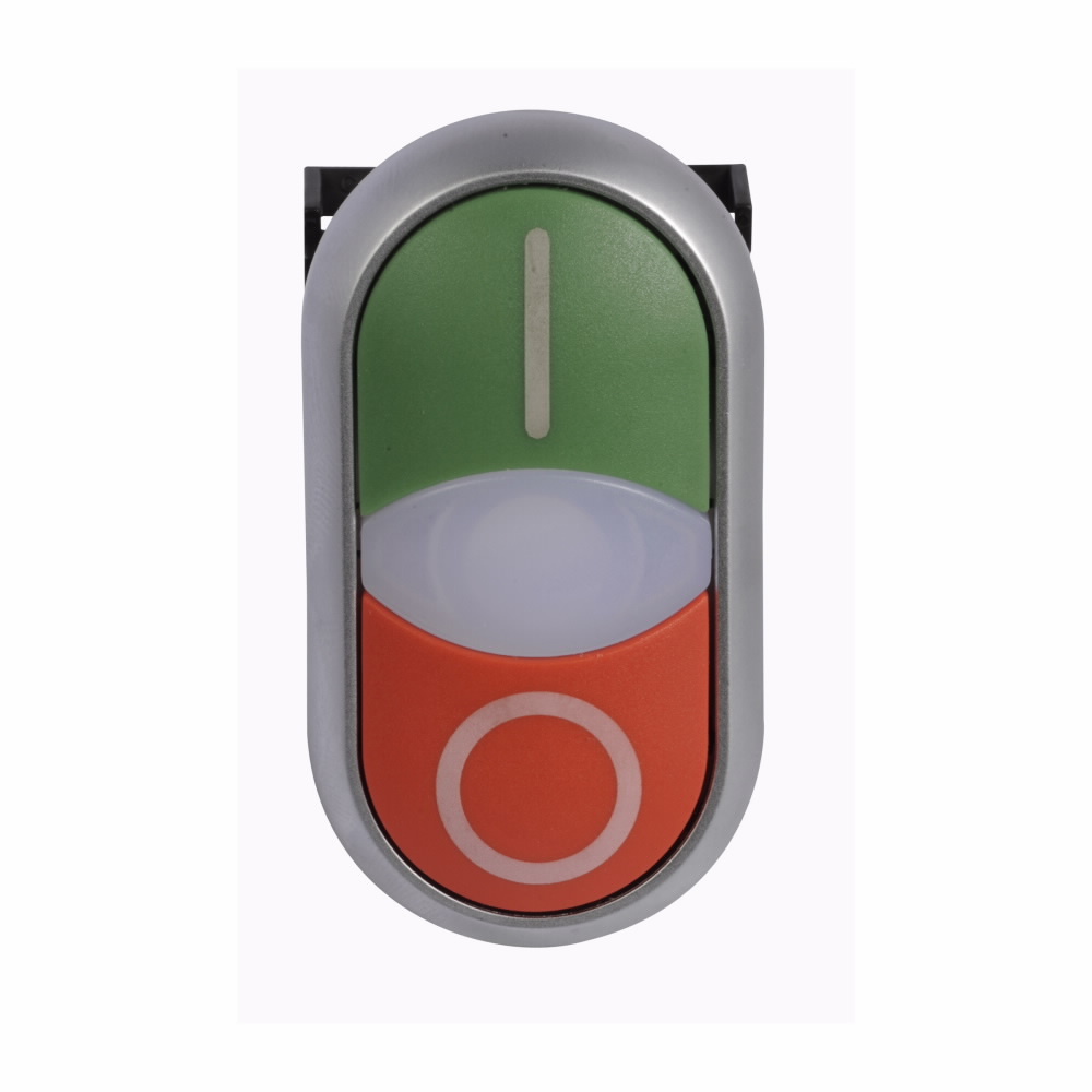 M22-DDLM-GR-X1-X0 2-Modular Illuminated Pushbutton Operator, 22.5 mm, Extended/Flush Operator, Momentary Contact, Green/Red