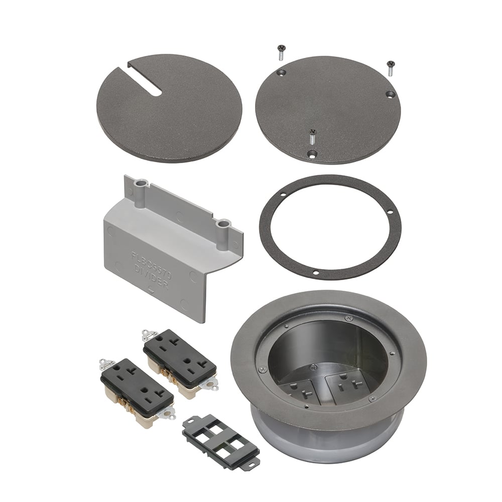 Kits come with two installed receptacles, ultra thin stamped steel flange, and flush-to-the-floor in-use and blank covers. Includes a low voltage keystone holder for up to 4 low voltage ports. Installs easily into our 5.5" round concrete box (FLBC5500). Cover is powder-coated black.