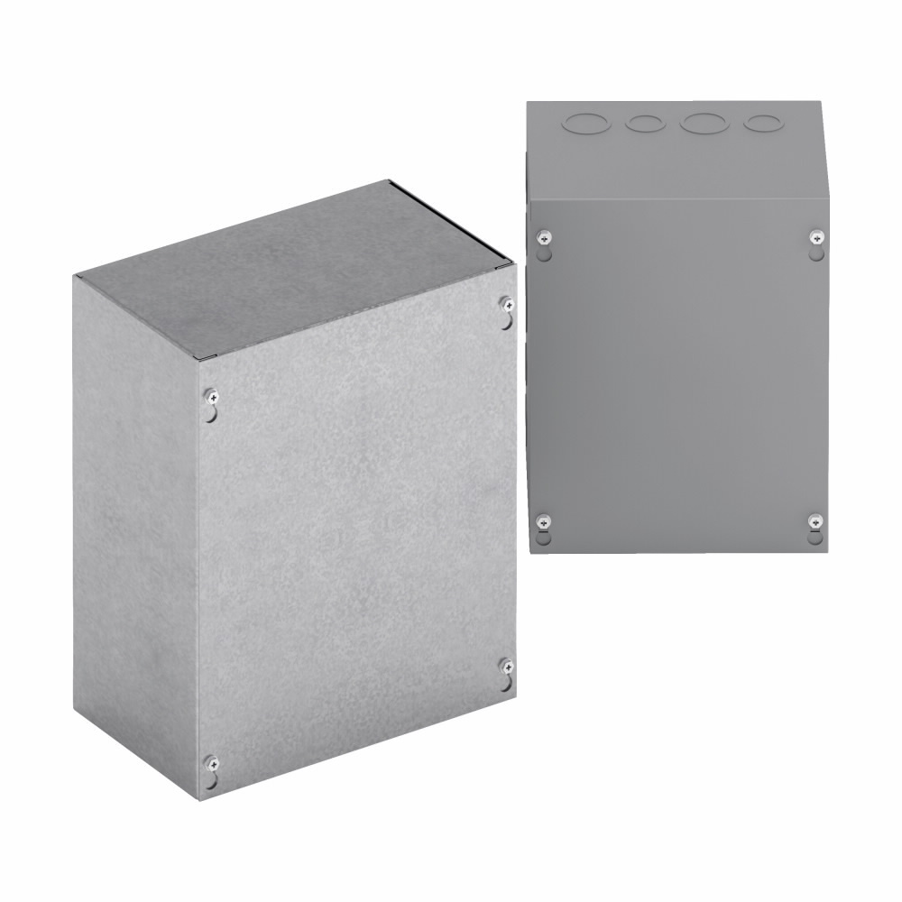 Type 1 junction boxes, 4" height, 4" length, 4" width, NEMA 1, Screw cover, SC NK enclosure, Surface mounted, Small single door, No knockout, Thru holes, Carbon steel