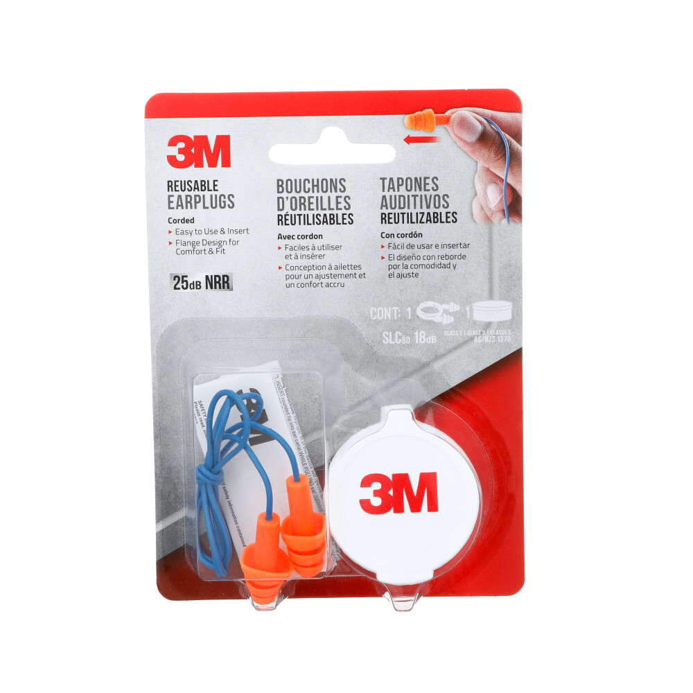 7100159303 Corded Earplugs, 25 dB Noise Reduction, Triple Flange Shape, Reusable, Corded Design