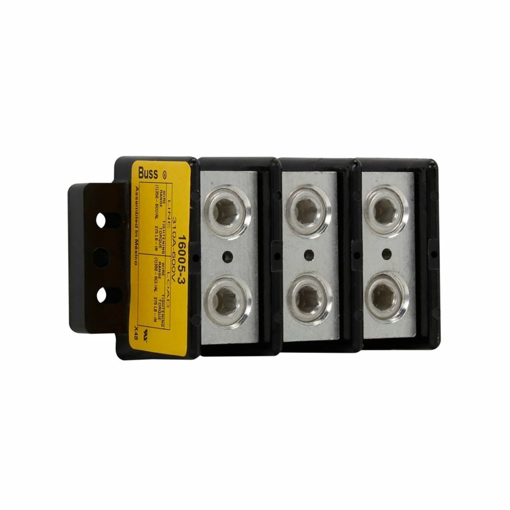 Eaton Bussmann series power splicer block, 600 Vac, 600 Vdc, 310A, Power splicer block, Three-pole, Splicer, SCCR: 10 kA, Black, Molded Thermoplastic