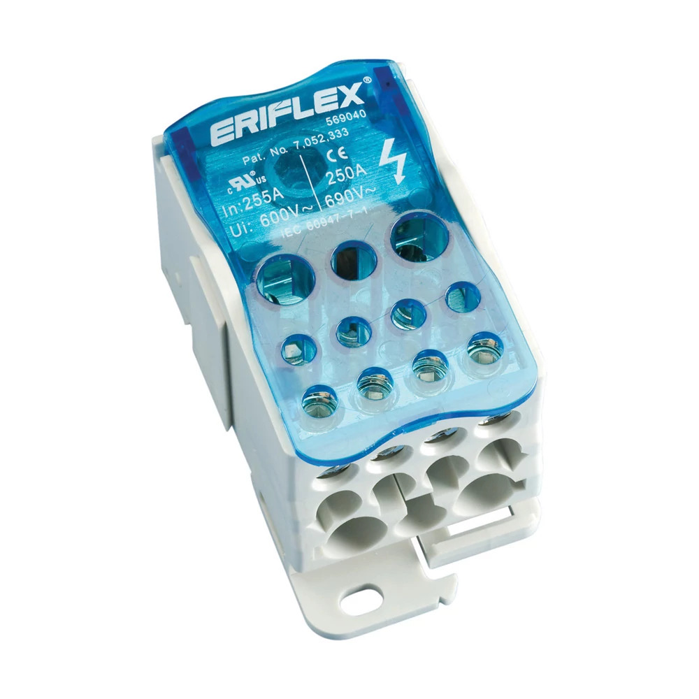 UD-250A ERI2 Distribution Block, 600 V AC, 1000 V AC/DC, 250/255 A, 1 Poles, (2) 8 to 1 AWG Wire, Copper/Thermoplastic