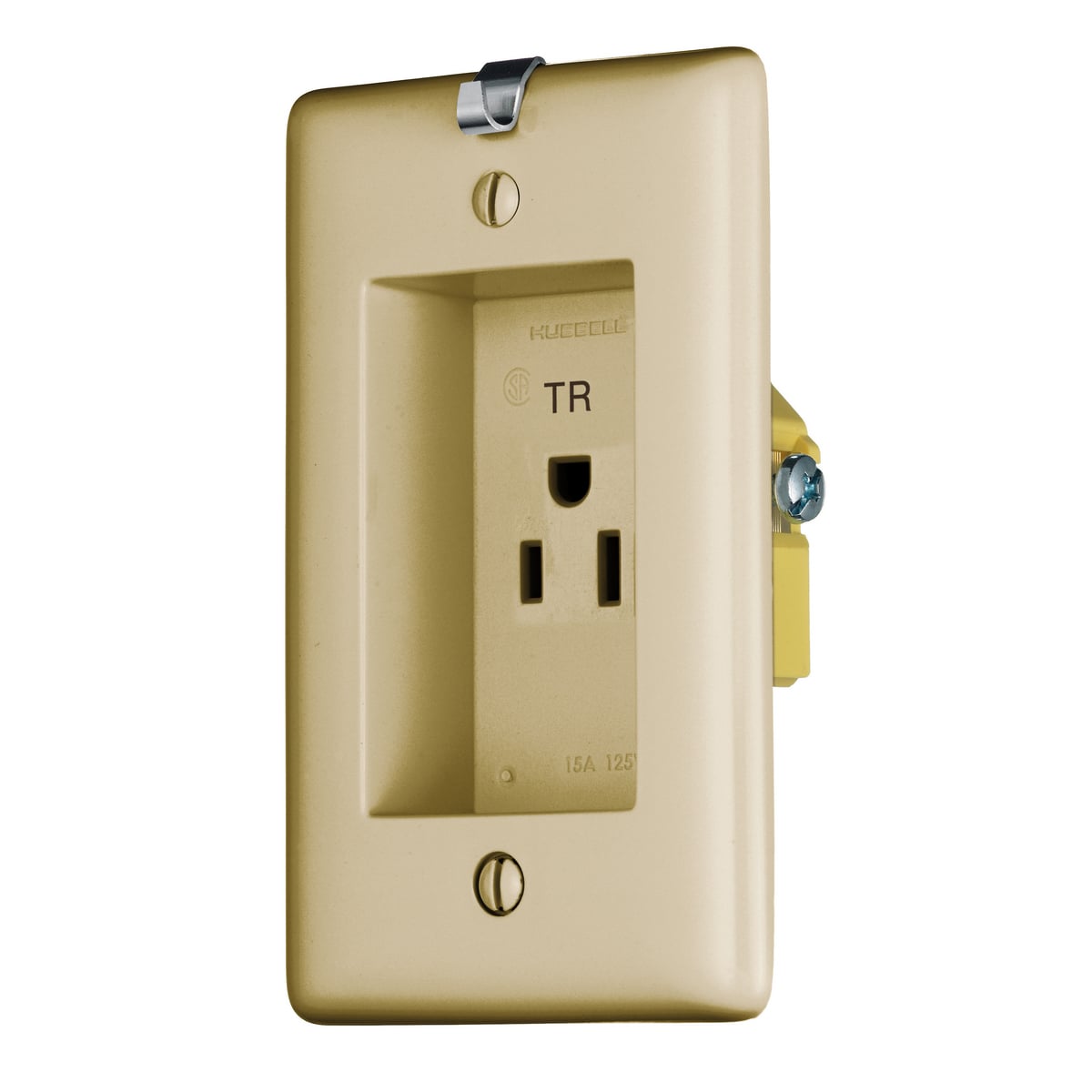 RR151CHITR Single Standard Tamper Resistant Screw Mount Clock Hanger Recessed Receptacle, 125 VAC, 15 A, 2 Poles, 3 Wires, Ivory