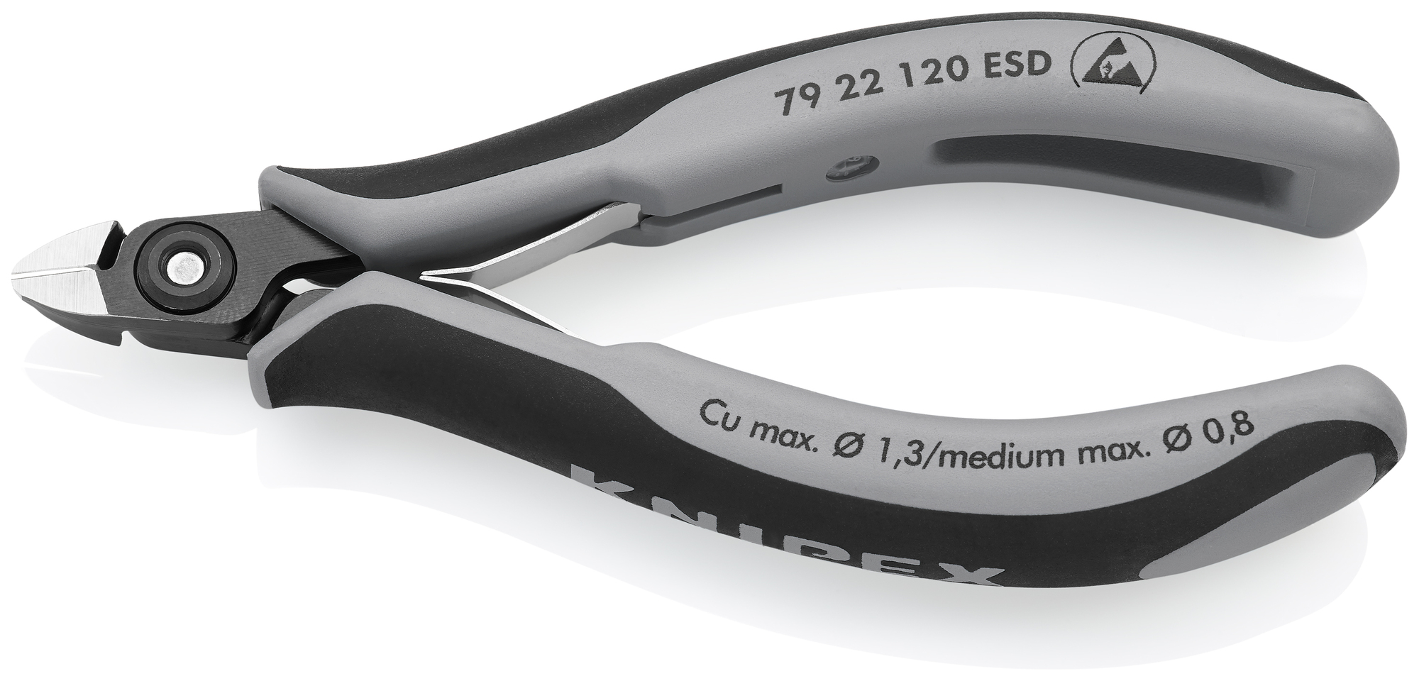 Electronics Diagonal Cutters-ESD Handles, 4 3/4 in., Multi-Component, Polished, Flush Cut, Oval Head, Up to 1/32 Medium Wire