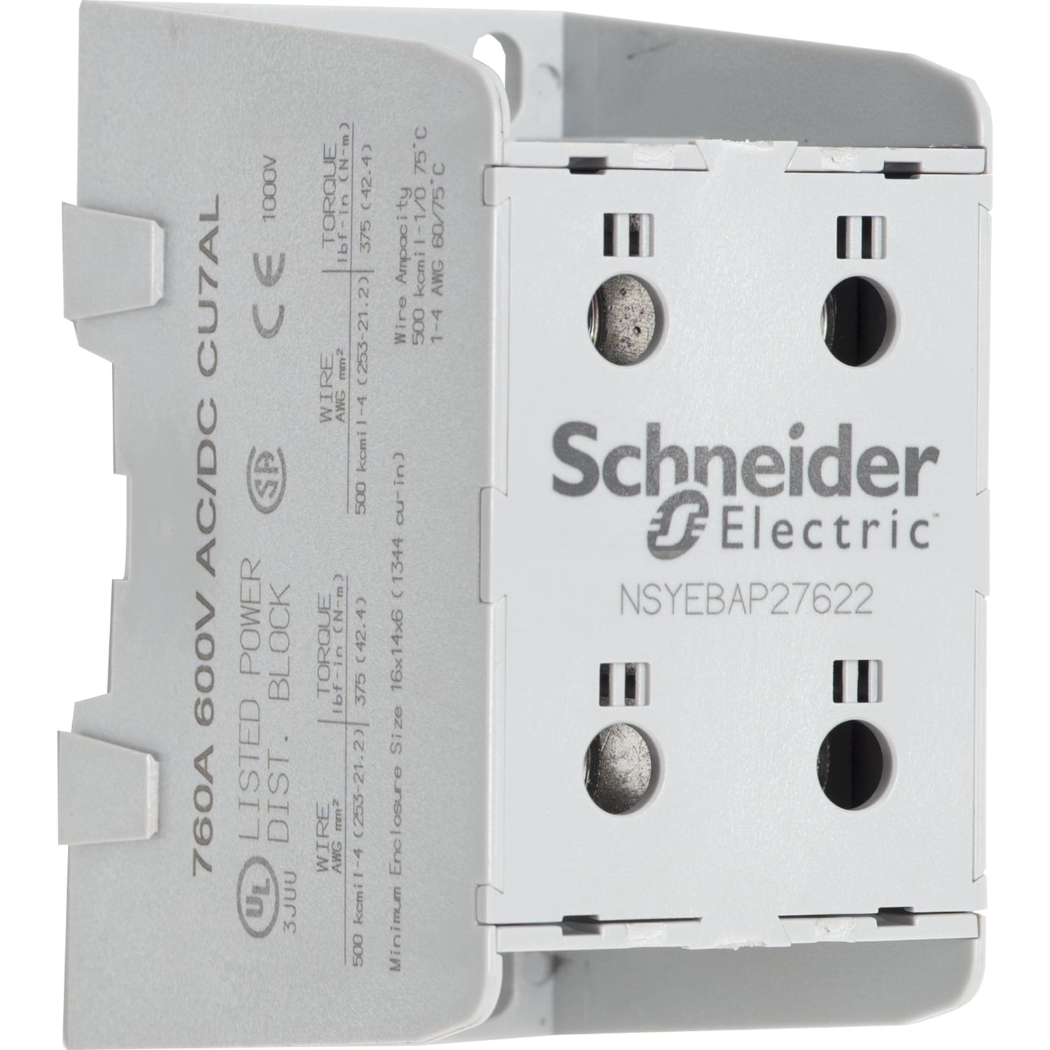 NSYEBAP27622 Power Distribution Block, 600 V AC/DC, 620/760 A, 4 AWG to 500 kcmil Al/Cu Line, 4 AWG to 500 kcmil Al/Cu Load Wire, Thermoplastic