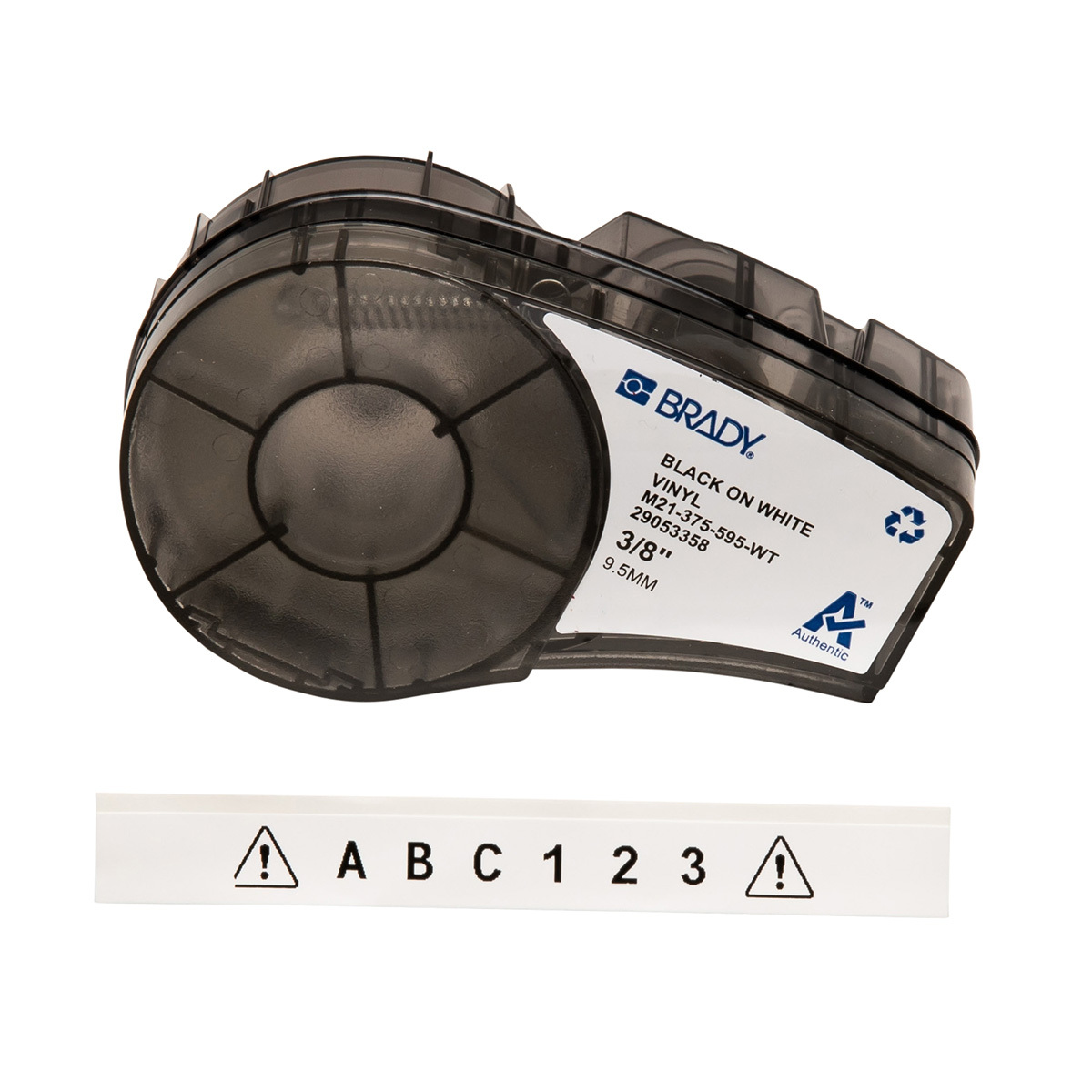 M21-375-595-WT BPM21 Label Marker Cartridge, 21 ft L x 3/8 in W, For Use With BMP 21 PLUS Portable Label Printers, IDPAL and LABPAL Handheld Label Maker, B-595 Vinyl, Black on White