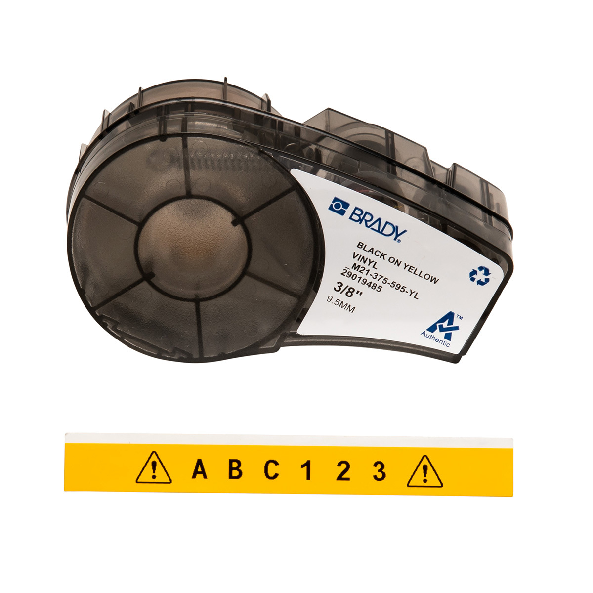M21-375-595-YL BPM21 Label Marker Cartridge, 21 ft L x 3/8 in W, For Use With BMP 21 PLUS Portable Label Printers, IDPAL and LABPAL Handheld Label Maker, B-595 Vinyl, Black on Yellow