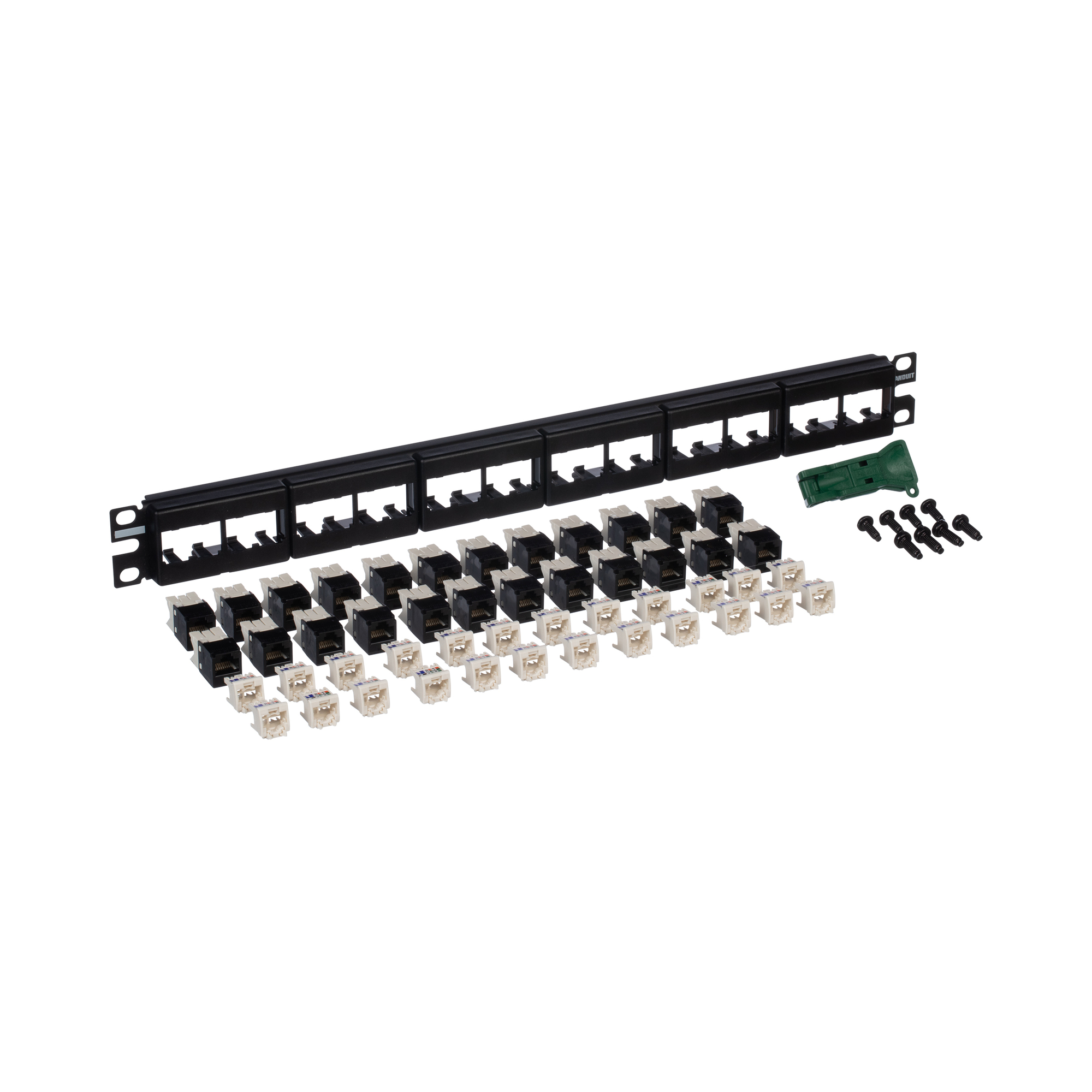Mini-Com, Flat, Cat 6 kit, 24 Port, 1 RU, Black