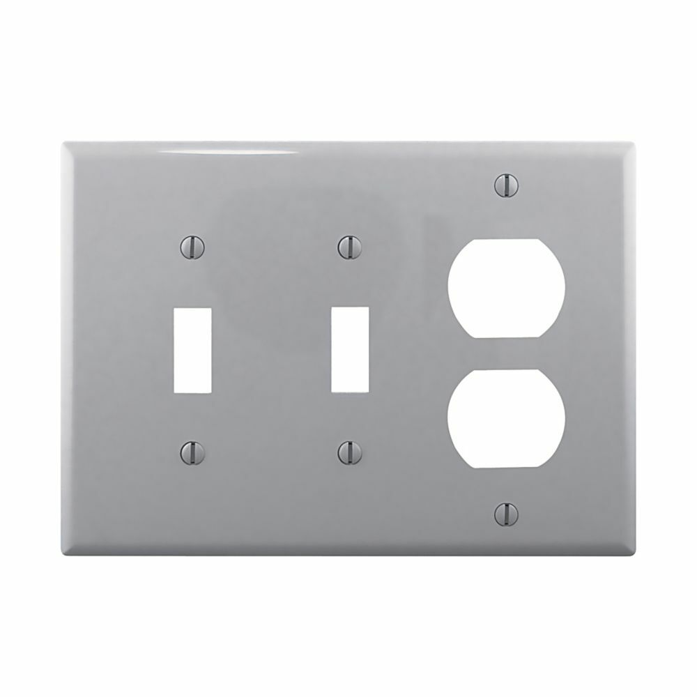 Eaton Combination wallplate, Gray, Toggle, Toggle, Duplex receptacle Cutout, Polycarbonate, Three- gang, Mid-size