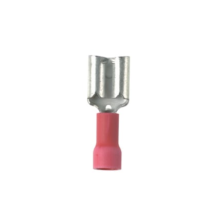DV18-250B-MY Pan-Term Type DV-B Loose Piece Vibration-Resistant Female Disconnect, 18 AWG Conductor, 0.25 in W x 0.032 in THK Tab, Butted Seam/Funnel Entry Barrel, Brass, Red, Barrel Insulated