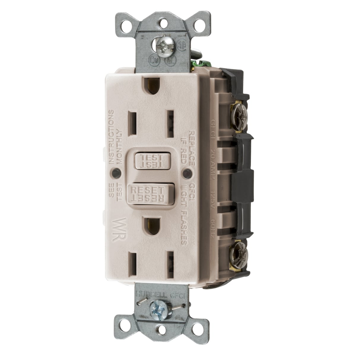 GFWRST15LA 1-Phase Decorator Duplex Heavy Duty Standard Self-Test Weather-Resistant Screw Mount GFCI Receptacle, 125 VAC, 15 A, 2 Poles, 3 Wires, Light Almond