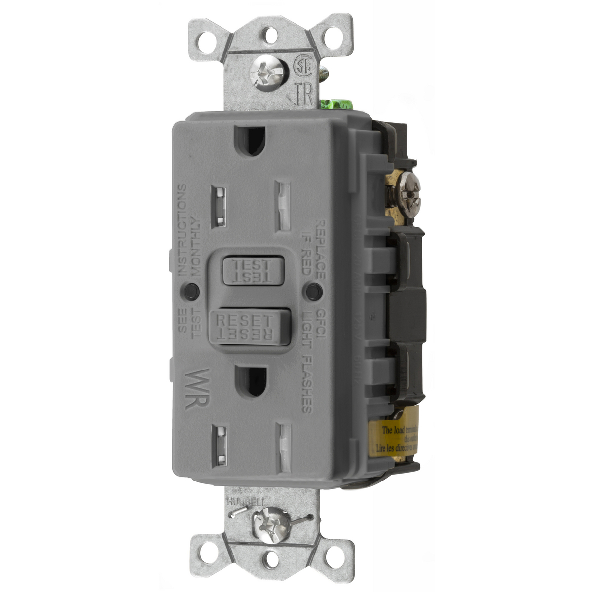 GFTWRST15GY 1-Phase Decorator Duplex Heavy Duty Standard Self-Test Tamper/Weather-Resistant Screw Mount GFCI Receptacle, 125 VAC, 15 A, 2 Poles, 3 Wires, Gray
