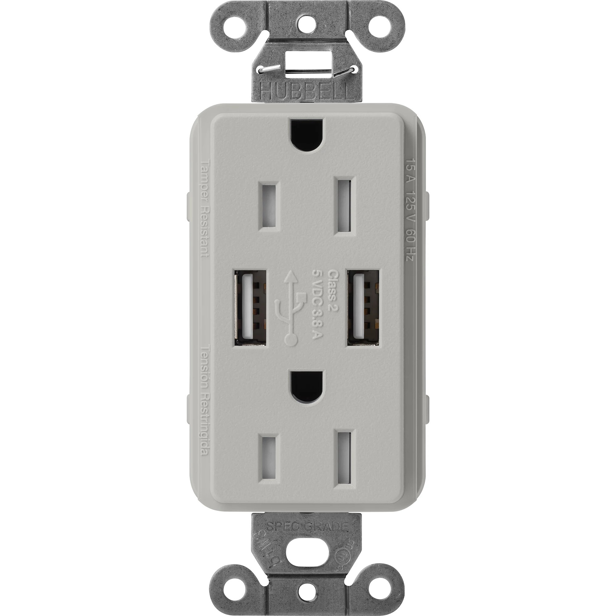 SCR-15-UBTR-PB Claro Tamper-Resistant USB-A Duplex Receptacle, Decorator-Style Outlet, 15 Amp, Self-Testing, Satin, Pebble