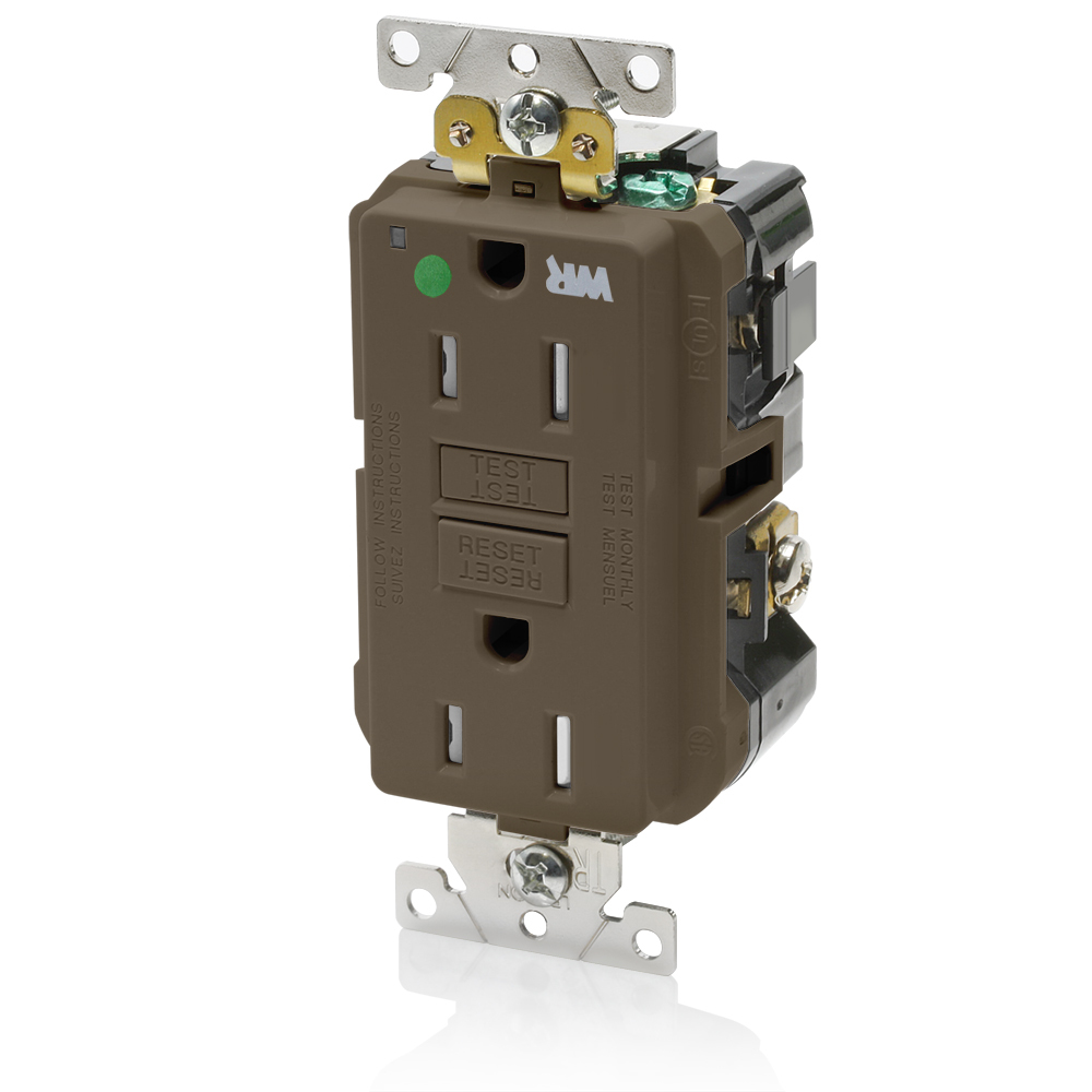 GFWT1-HG SmartlockPro Duplex Feed Through Self-Test Slim Tamper/Weather Resistant GFCI Receptacle, 125 V AC, 20 A, 2 Poles, 3 Wires, Brown