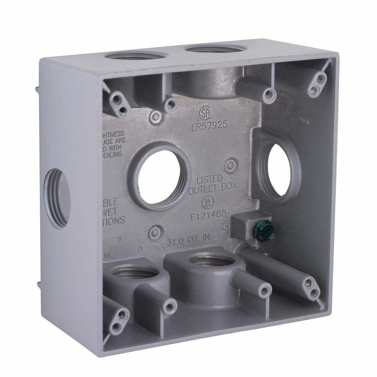 2-Gang Weatherproof Box; 4-1/2 Inch Width x 2-1/4 Inch Depth x 4-1/2 Inch Height, Die-Cast Aluminum, Gray