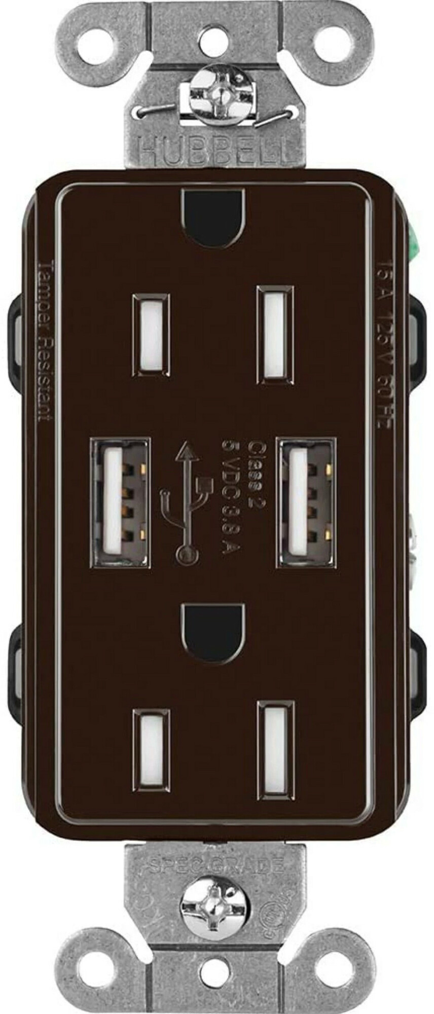 CAR-15-UBTR-BR Claro Tamper-Resistant USB-A Duplex Receptacle, Decorator-Style Outlet, 15 Amp, Self-Testing, Gloss, Brown