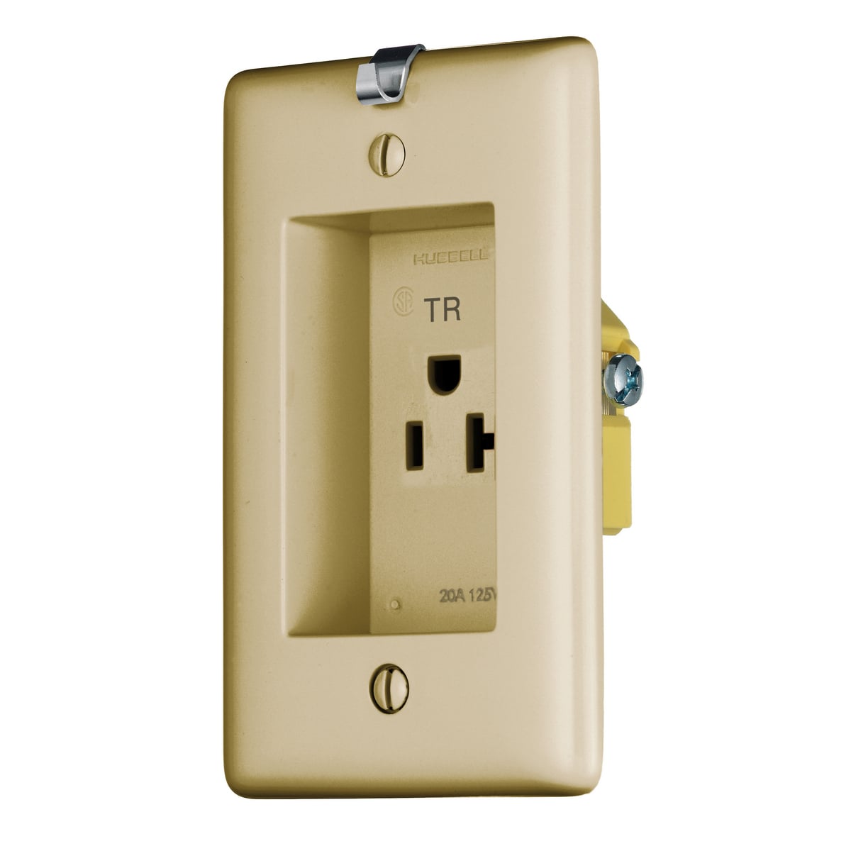 RR201CHITR 1-Phase Recessed Standard Single Screw Mount Straight Blade Clock Hanger Receptacle, 125 V AC, 20 A, 2 Poles, 3 Wires, Ivory
