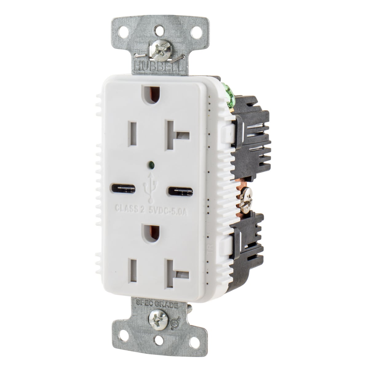 USB20C5W Duplex Grounding Tamper-Resistant Standard Style C USB Charger Receptacle With Green LED, 20 A at 125 V AC, 2500 W, 1 Phase, 2 Poles, 3 Wires, White