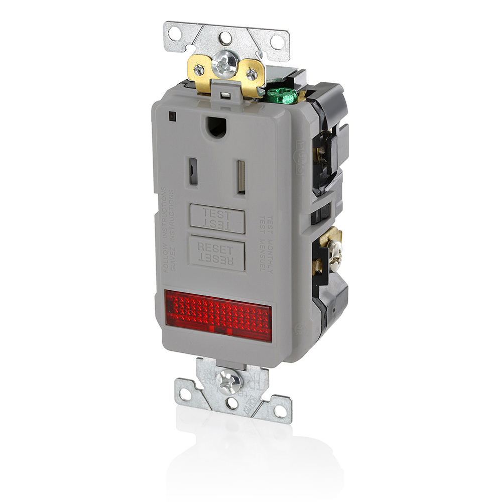 GFPL1-PLG SmartlockPro Slim Feed Through Self-Test Single Tamper Resistant GFCI Receptacle With LED Pilot Light, 125 V AC, 15 A, 2 Poles, 3 Wires, Gray