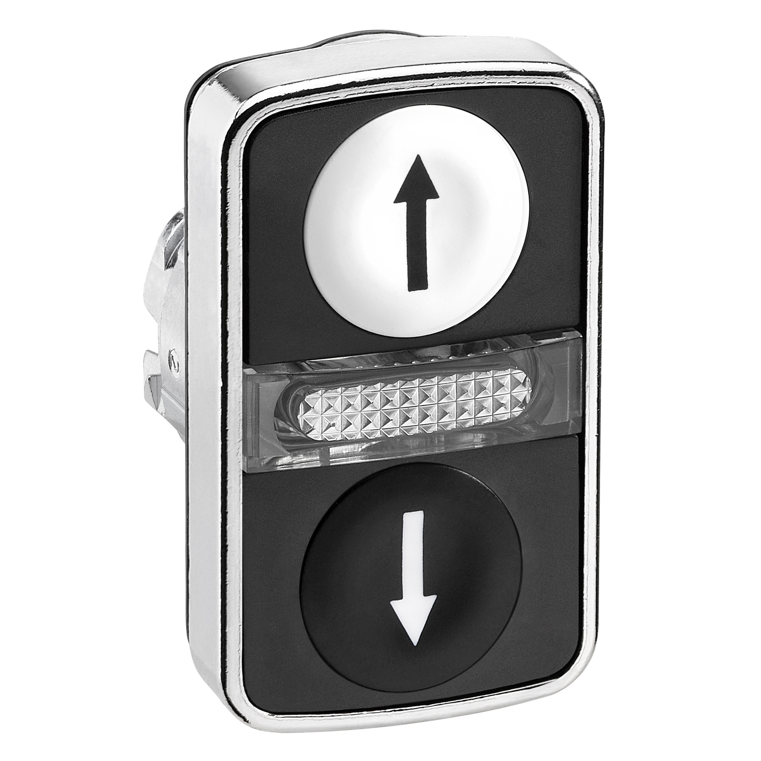 ZB4BW7A1724 Harmony ZB4 Series 2-Flush Illuminated Pushbutton Double Head With Clear Pilot Light, 30 mm W x 30 mm D x 50 mm H, Rectangle Shape, Up/Down Arrow Legend, Metal