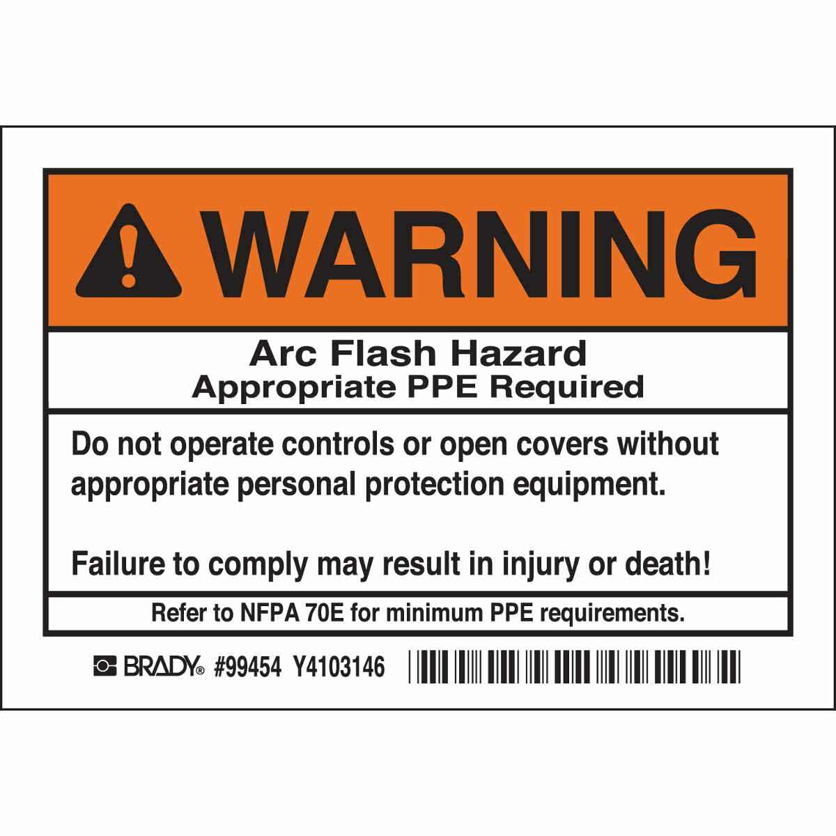 99454 Laminated Non-Reflective Rectangular Self-Adhesive Arc Flash Protection Label, 5 in W, Black/Orange on White, B-302 Polyester, 5 per Pack Labels