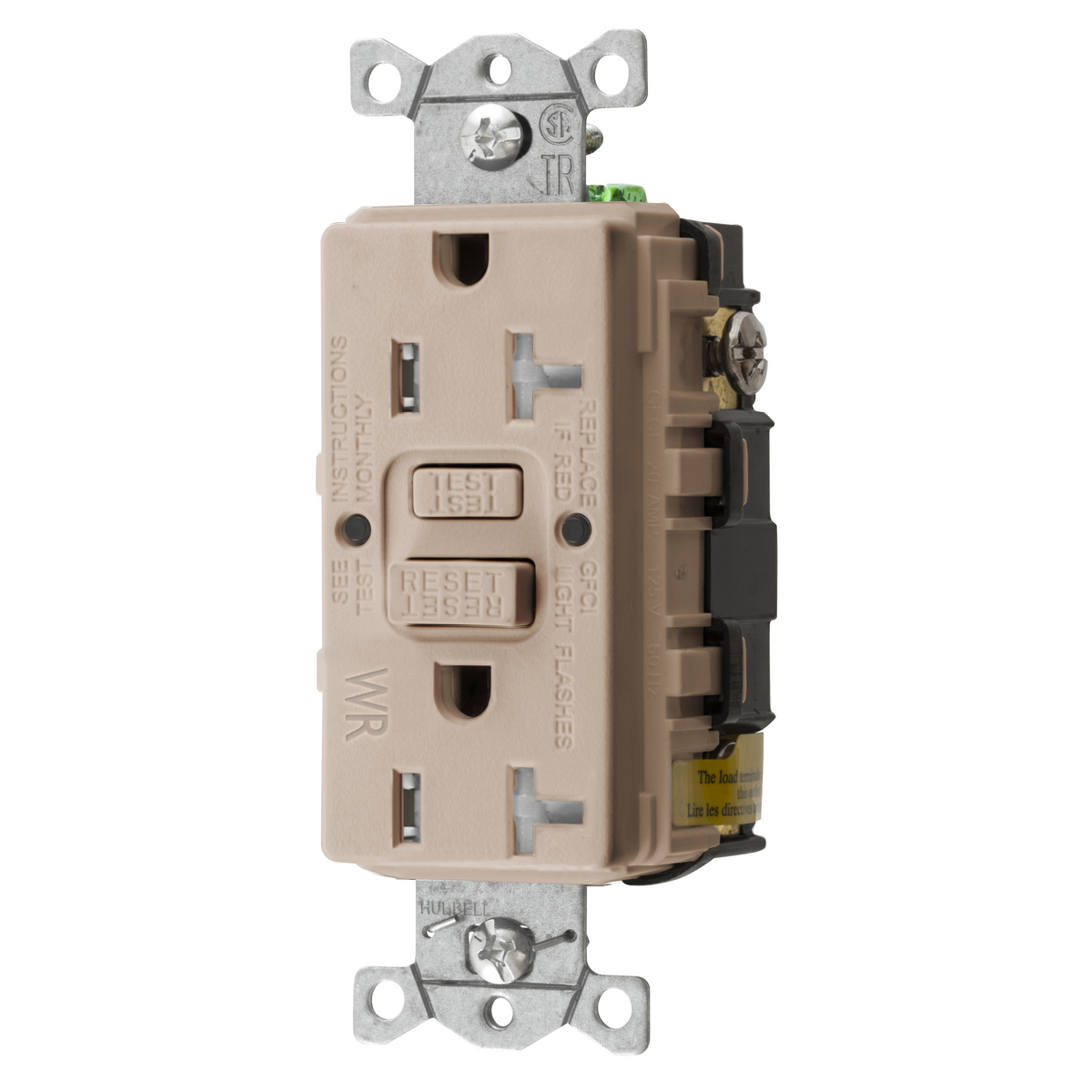 GFTWRST20AL 1-Phase Decorator Duplex Heavy Duty Self-Test GFCI Receptacle, 125 VAC, 20 A, 2 Poles, 3 Wires, Almond