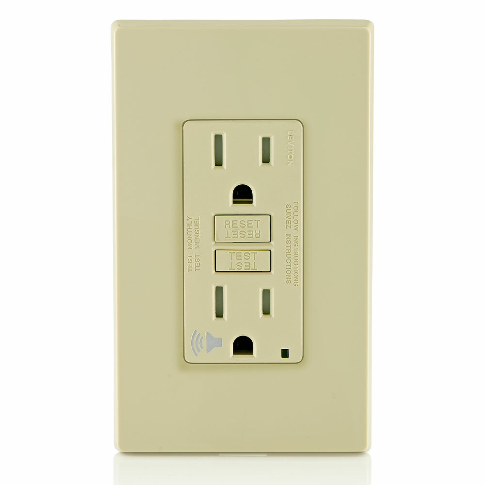 GFTA1-I Self-Test Tamper Resistant GFCI Receptacle With Audible Trip Alert, Ivory Test, Reset Button, 125 V AC, 15 A, 2 Poles, 3 Wires, Ivory