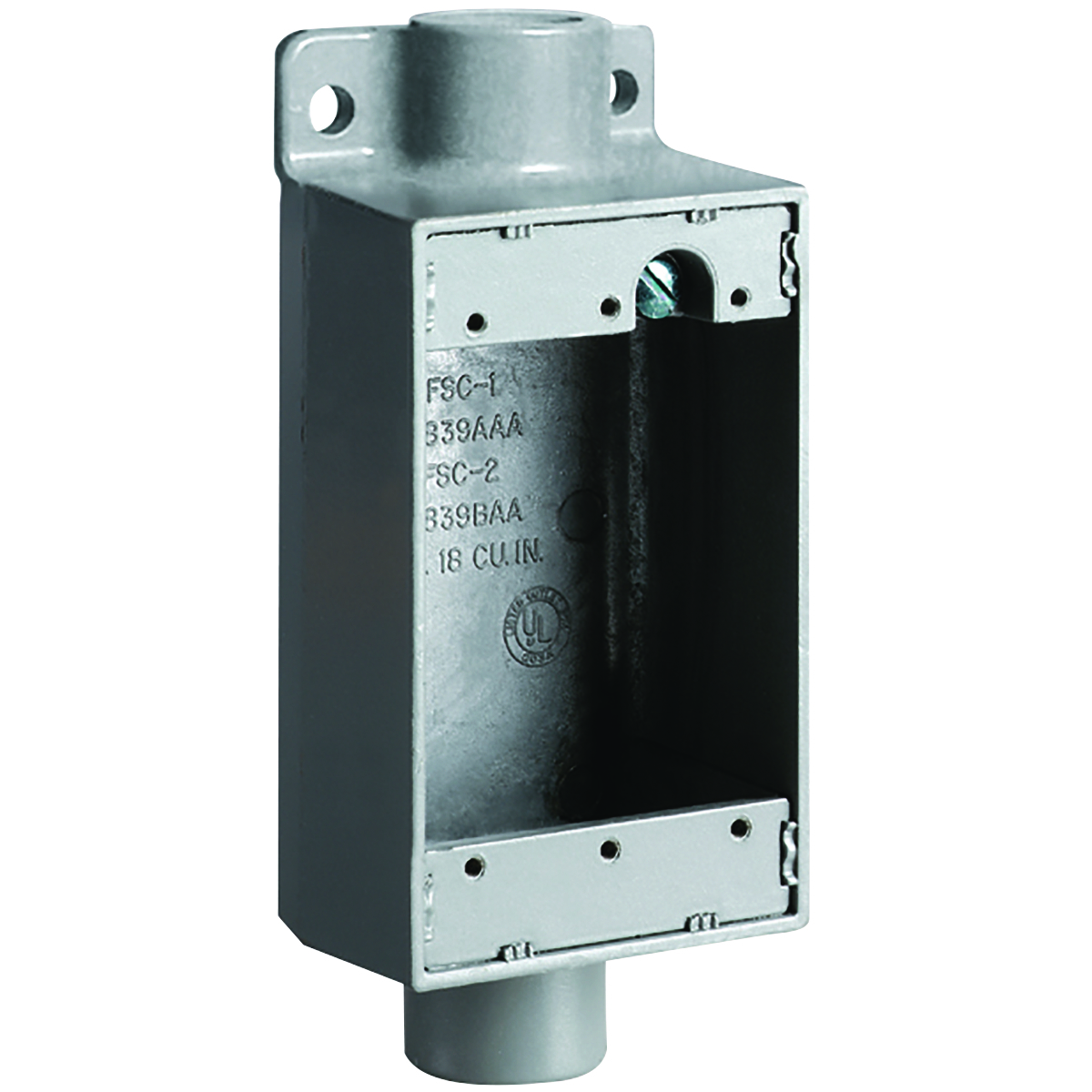 FSC-2M FSC Feed-Through Cast Device Box With Internal Ground Screw, Iron, 18 cu-in Capacity, 1 Gangs, 1 Outlets, 6-3/8 in H x 2-7/8 in W x 2 in D