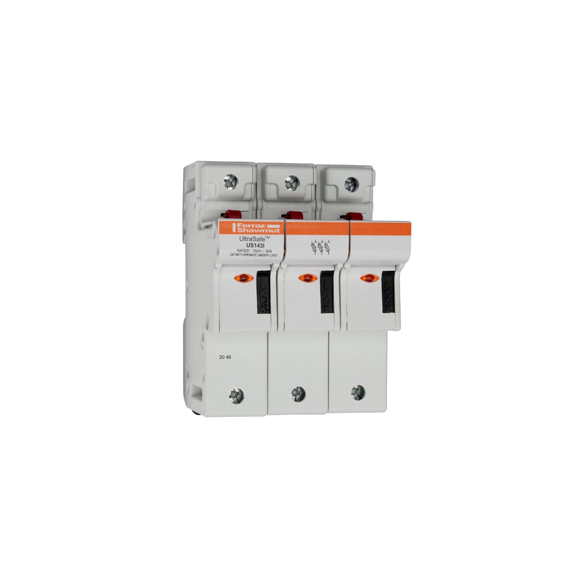 P331144 UltraSafe US14 Modular Fuse Holder, 750 V AC/DC, 50 A, 14 to 2 AWG Wire, 3 Poles