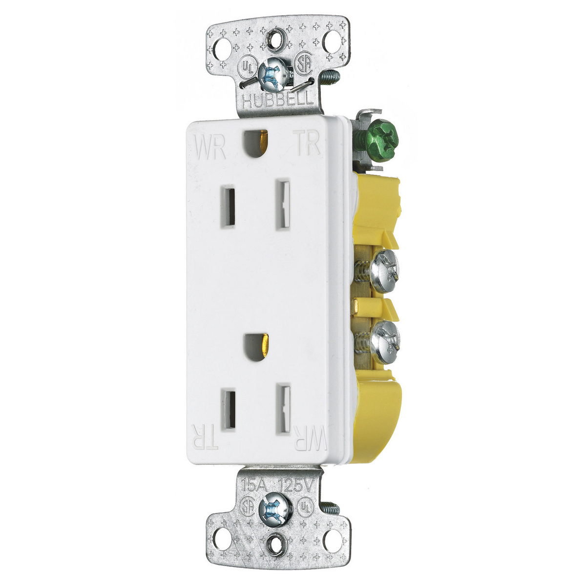 RRD15SWWRTR Decorator Duplex Self-Grounding Standard Tamper Weather-Resistant Screw Mount Straight Blade Receptacle, 125 V AC, 15 A, 2 Poles, 3 Wires, White