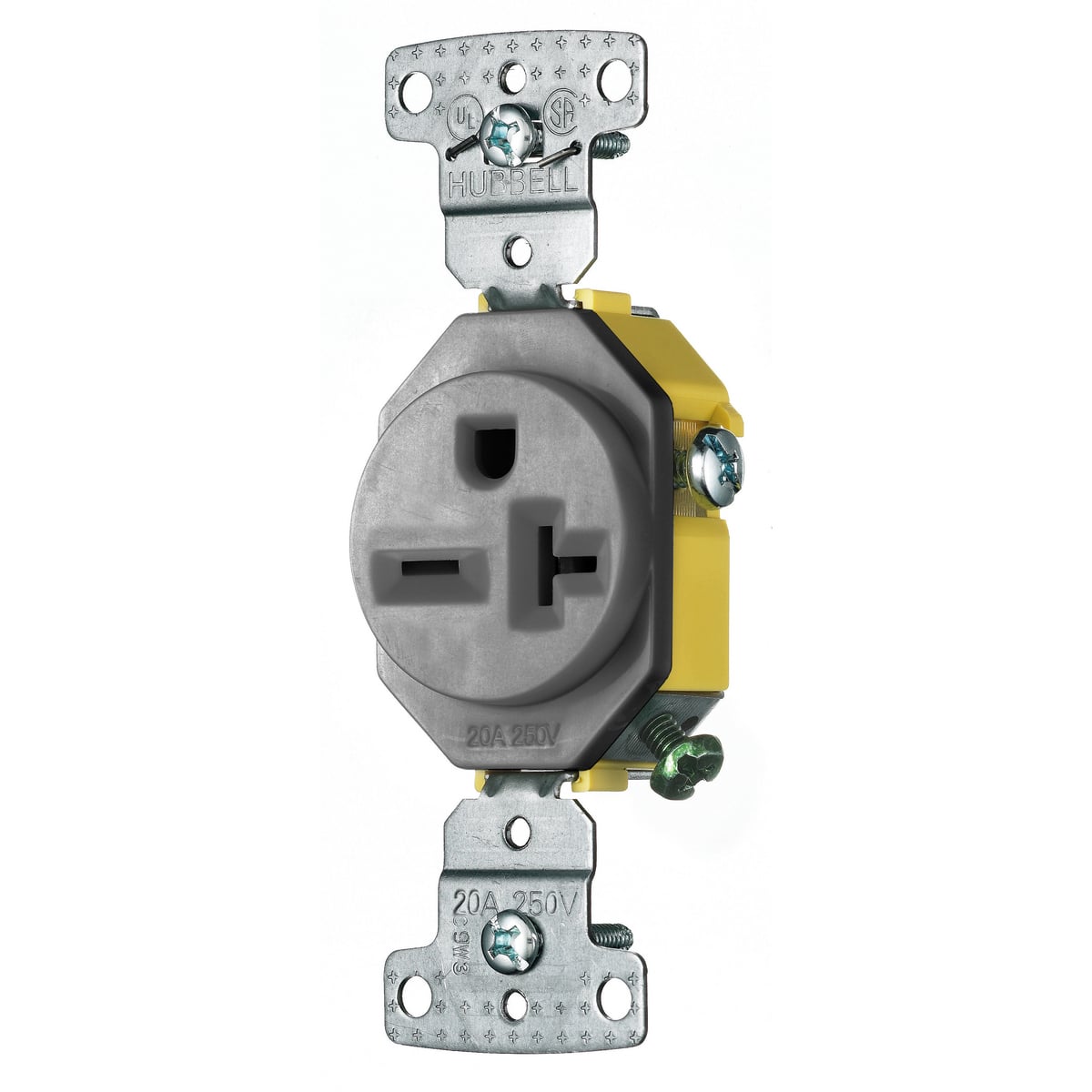 RR205GY 1-Phase Single Self-Grounding Standard Straight Blade Receptacle, 250 V AC, 20 A, 2 Poles, 3 Wires, Gray