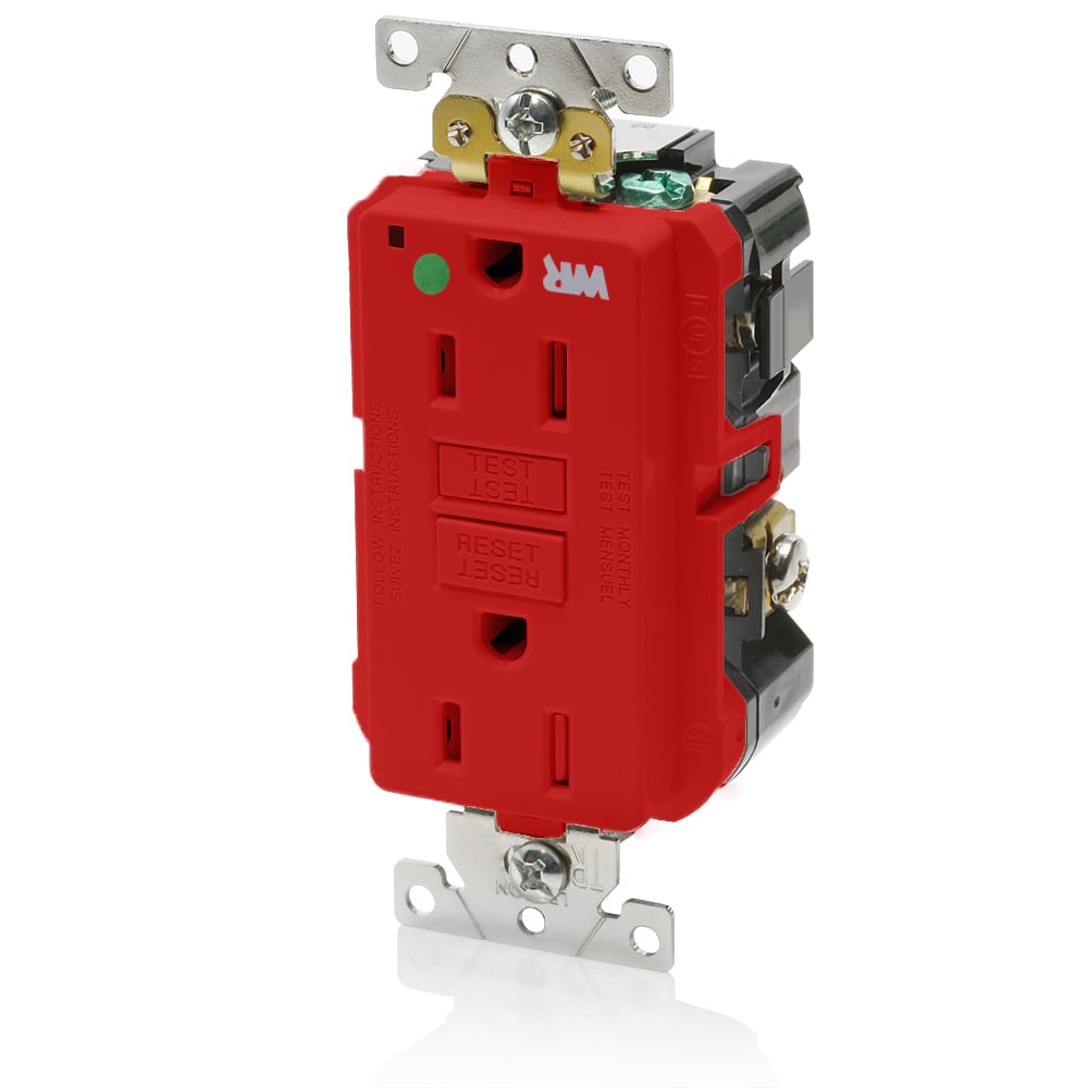 GFWT1-HGR SmartlockPro Slim Duplex Feed Through Self-Test Tamper/Weather Resistant GFCI Receptacle, 125 V AC, 15 A, 2 Poles, 3 Wires, Red