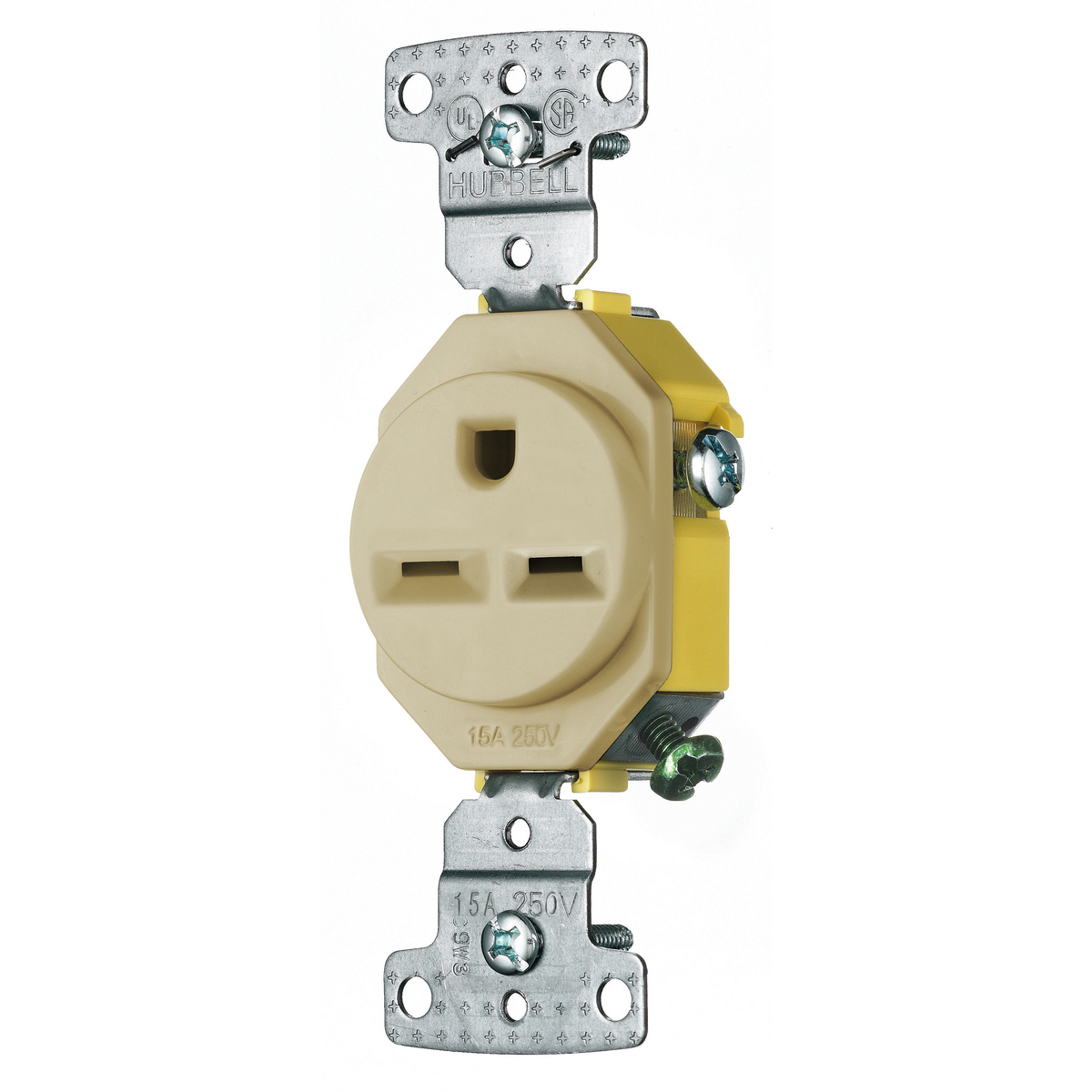 RR155I Single Self-Grounding Standard Screw Mount Straight Blade Receptacle, 250 V AC, 15 A, 2 Poles, 3 Wires, Ivory