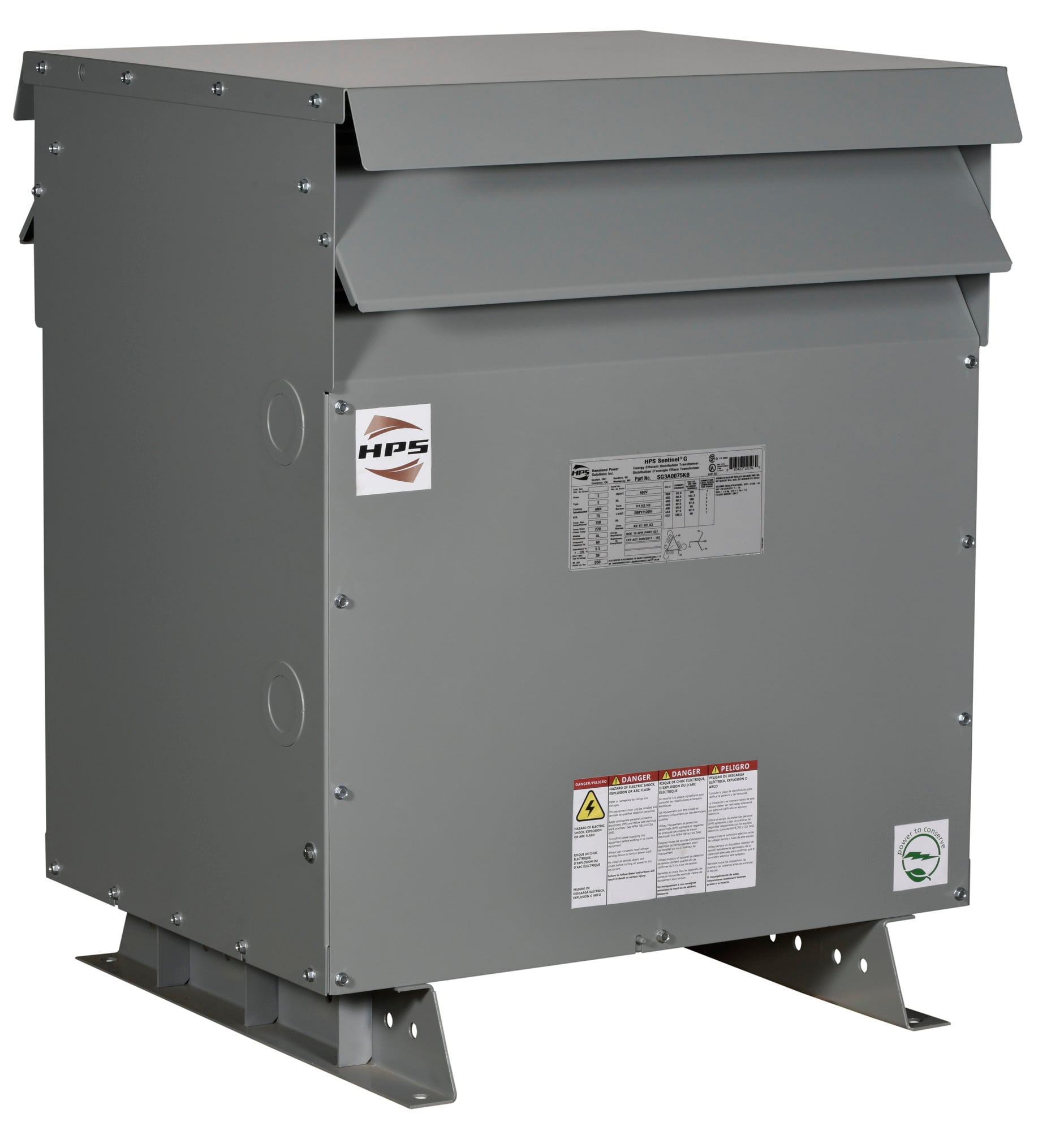 SG3A0075KB Sentinel G Energy Efficient General Purpose Distribution Transformer, 480 Delta V AC Primary, 208Y/120 VAC Secondary, 75 kVA Power Rating, 60 Hz, 3 Phase