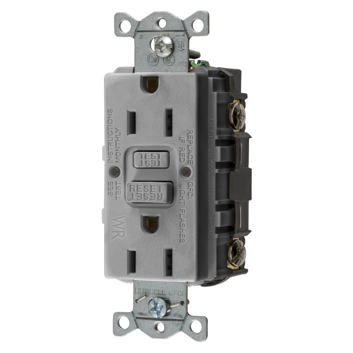 GFWRST15GY 1-Phase Decorator Duplex Heavy Duty Standard Self-Test Weather-Resistant Screw Mount GFCI Receptacle, 125 VAC, 15 A, 2 Poles, 3 Wires, Gray