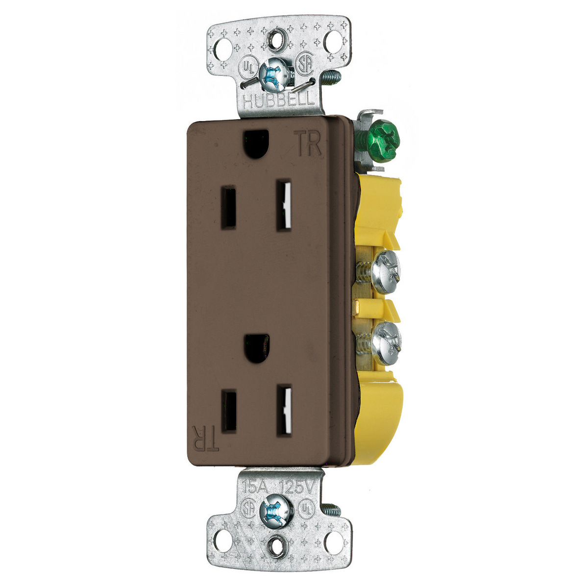 RRD15STR 1-Phase Decorator Duplex Standard Tamper-Resistant Screw Mount Straight Blade Receptacle, 125 V AC, 15 A, 2 Poles, 3 Wires, Brown
