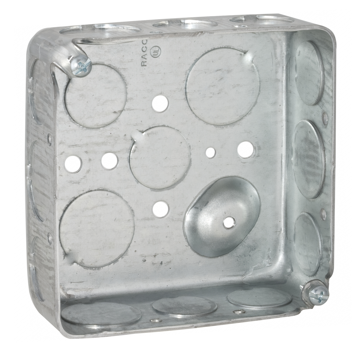 192 Raised Ground Square Box, Steel, 21 cu-in Capacity, (16) Knockouts, 4 in H x 4 in W x 1-1/2 in D