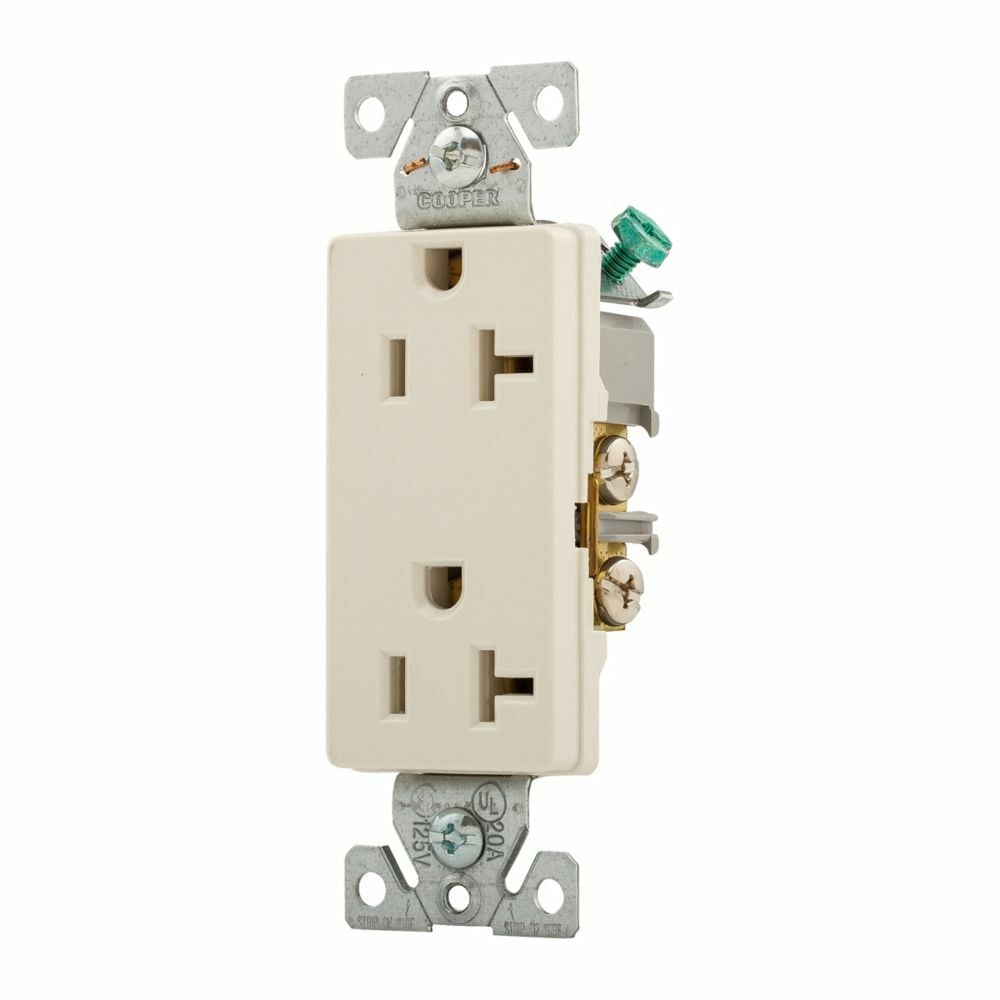 Eaton heavy-duty industrial specification grade decorator duplex receptacle, #14-10 AWG, 20A, Commercial, Flush, 125V, Back and side, Light almond, Brass, Nylon, 5-20R, Duplex, Screw, Nylon, Bulk