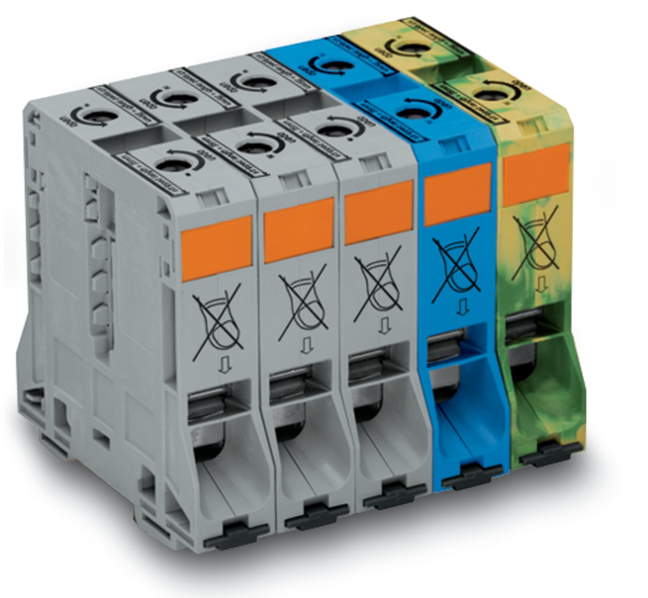 285-199 Operating Tool Three Phase Set Terminal Block, 1000 V IEC/EN, 600 V UL, 4/0 AWG Solid Conductor, 4/0 AWG Fine-Stranded Conductor Wire, 5 Poles, DIN Rail Mount